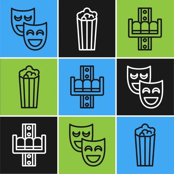 Set line Comedy theatrical masks, Attraction carousel and Popcorn in cardboard box icon. Vector — Stock Vector