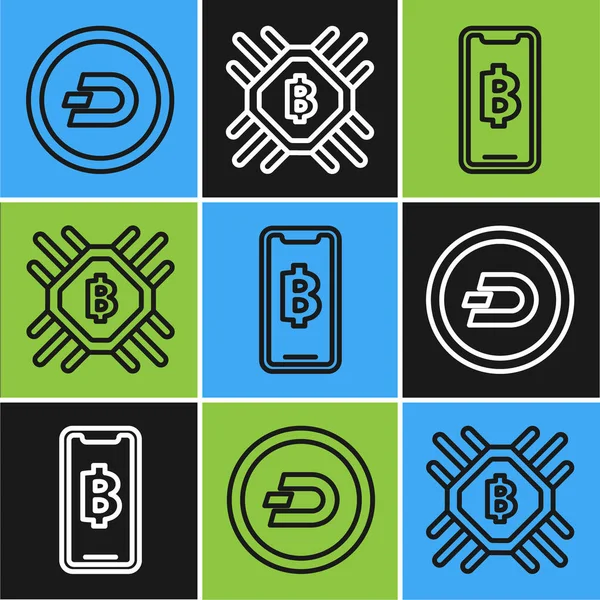 Kripto para birimi Dash, telefon cep telefonu ve kripto para Bitcoin ve Cpu madencilik çiftlik ikonu. Vektör