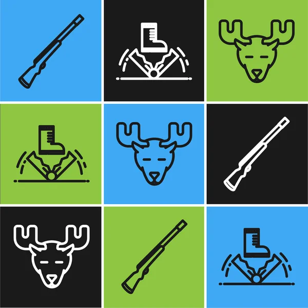 Set line Hunting gun, Moose head with horns and Trap hunting icon. Vector — Stock Vector