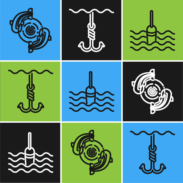 Набор линии Рыба, рыбалка плавают в воде и рыбалка крючок под иконой воды. Вектор
