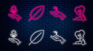 Yaprak, filizlenme çevresel koruma, el ele tutuşan çiçek ve sulu ağaç. Tuğla duvarda parlayan neon simgesi. Vektör