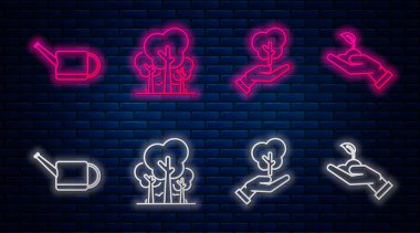 Çevre korumasından sorumlu ağaçlar, çevreci ağaçlar, sulama konserveleri ve filizler. Tuğla duvarda parlayan neon simgesi. Vektör
