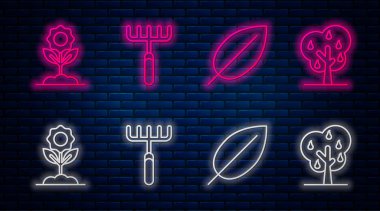 Bahçe tırmığı, Yaprak, Çiçek ve Ağaç 'ı armutla dizin. Tuğla duvarda parlayan neon simgesi. Vektör