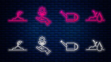 El ele tutuşan çiçek, su kabı, filizlenme ve sulama filizi. Tuğla duvarda parlayan neon simgesi. Vektör