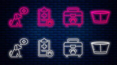 Tıbbi kayıt evcil hayvanı, ilk yardım çantası, veteriner kliniği sembolü ve koruyucu külah tasması olan bir pano ayarla. Tuğla duvarda parlayan neon simgesi. Vektör