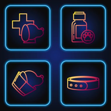 İsim etiketli tasma, veteriner kliniği sembolü veteriner kliniği sembolü ve köpek ilacı şişesi. Renk simgeleri. Vektör