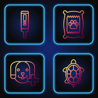 Kaplumbağa hattı, veteriner kliniği sembolü, tıbbi dijital termometre ve köpek için yiyecek torbası. Renk simgeleri. Vektör