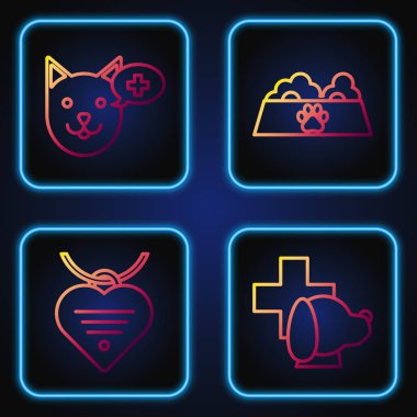 Veteriner kliniği sembolü, isim etiketi ve kalbi olan tasma, veteriner kliniği sembolü ve kedi ya da köpek için evcil hayvan yemek kasesi. Renk simgeleri. Vektör