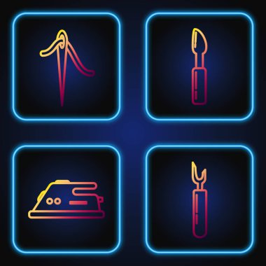 Hat kesici, elektrikli ütü, iplik ve kesiciyle dikiş dikmek için iğne. Renk simgeleri. Vektör