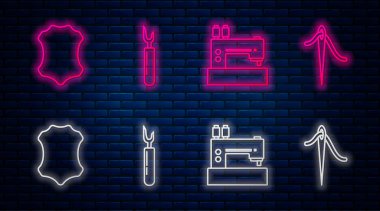 Çizgi kesici, dikiş makinesi, iplikle dikiş dikmek için deri ve şırınga ayarlayın. Tuğla duvarda parlayan neon simgesi. Vektör