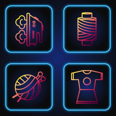 Hattı belirle kadın elbisesi, örgü iğneli iplik topu, elektrikli ütü ve makaraya dikiş ipliği. Renk simgeleri. Vektör