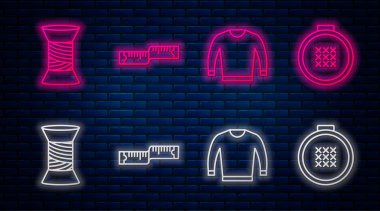 Şerit ölçü, kazak, makaraya iplik dikme ve yuvarlak, ayarlanabilir nakış halkası. Tuğla duvarda parlayan neon simgesi. Vektör