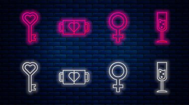 İkinci hat kahve fincanı ve kalp, kadın cinsiyet sembolü, kalp şeklinde anahtar ve bir kadeh şampanya. Tuğla duvarda parlayan neon simgesi. Vektör