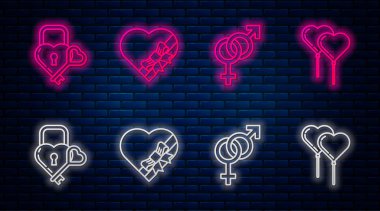 Candy 'yi kalp şeklinde bir kutuda ve yayda, cinsiyet, kale şeklinde bir kalp ve anahtar şeklinde ve kurdeleli balonlar şeklinde dizin. Tuğla duvarda parlayan neon simgesi. Vektör