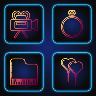 Balonları, kurdele, piyano, sinema kamerası ve elmas nişan yüzüğüyle kalp şeklinde dizin. Renk simgeleri. Vektör