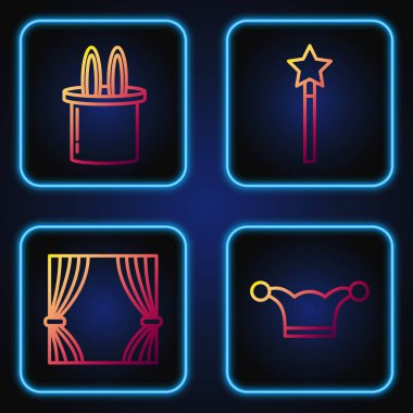 Çizgili Jester şapkası, çan, perde, sihirbaz şapkası, tavşan kulağı ve sihirli değnek. Renk simgeleri. Vektör