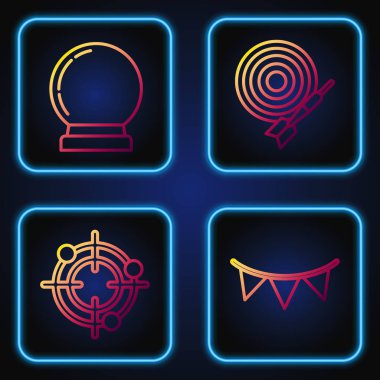 Bayraklı karnaval çelengi, atış müsabakası için hedef sporu, sihirli top ve klasik dart tahtası ve ok. Renk simgeleri. Vektör