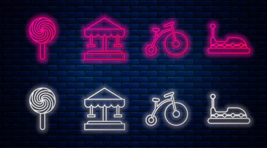 Cazibe atlıkarıncasını ayarla, bir büyük tekerli klasik bisiklet ve bir küçük, lolipop ve çarpışan araba. Tuğla duvarda parlayan neon simgesi. Vektör