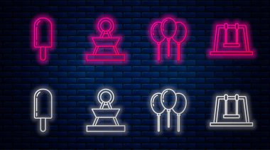 Çizgi atlıkarınca, kurdeleli balonlar, dondurma ve salıncak. Tuğla duvarda parlayan neon simgesi. Vektör