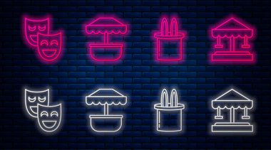 Cazibe Atlıkarınca, Sihirbaz şapkası ve tavşan kulakları, Komedi Tiyatro Maskeleri ve Cazibe Atlıkarınca. Tuğla duvarda parlayan neon simgesi. Vektör