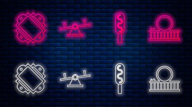 Seesaw, Corn dog, Ticket ve Roller Coaster 'ı ayarlayın. Tuğla duvarda parlayan neon simgesi. Vektör