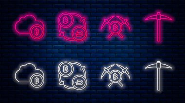 Kripto para değişimi, çapraz kazma, kripto para birimi bulut madenciliği ve kazma. Tuğla duvarda parlayan neon simgesi. Vektör