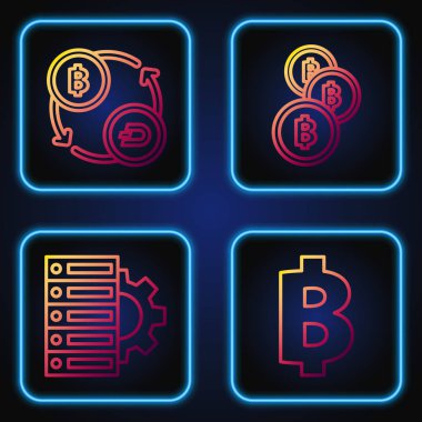 Kripto para Bitcoin, Sunucu ve ekipman, Kripto para değişimi ve Kripto para birimi Bitcoin 'i ayarla. Renk simgeleri. Vektör