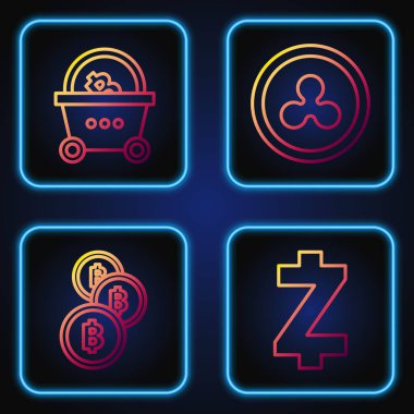 Kripto Para Zcash Zec, Şifreli Para Bitcoin, Bitcoin, Bitcoin ve Kripto Para Bozukluğu Xrp ile alışveriş sepeti ayarla. Renk simgeleri. Vektör
