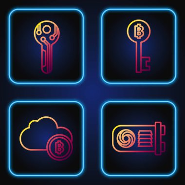 Set hattı madencilik, Kripto para birimi bulut madenciliği, Kripto para birimi anahtarı ve Kripto para birimi Bitcoin anahtarı. Renk simgeleri. Vektör