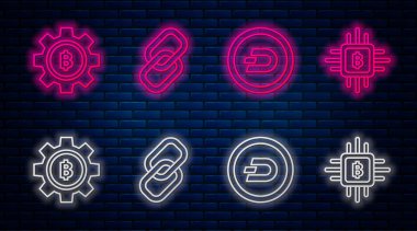 Hat hattı zinciri, Kripto para birimi Dash, Kripto para Bitcoin ve Cpu madencilik çiftliği. Tuğla duvarda parlayan neon simgesi. Vektör