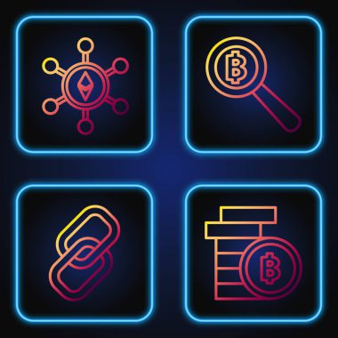 Kripto para, Bitcoin, zincir halkası, Ethereum Eth engelleme teknolojisi ve Bitcoin ile büyüteç. Renk simgeleri. Vektör