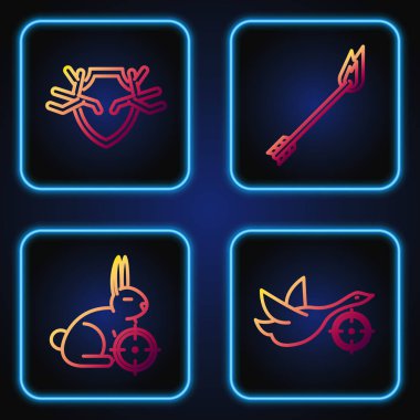 Hunt 'ı hedefli ördeğe, Hunt' ı hedefli tavşana, geyik boynuzlarını kalkana ve alev okuna ayarla. Renk simgeleri. Vektör