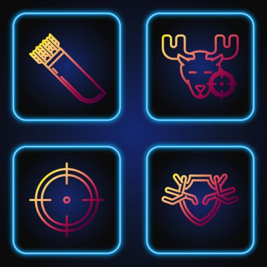 Geyik boynuzlarını kalkanın üzerine koy, atış müsabakaları için hedef al, oklu Quiver ve hedefli geyik avı. Renk simgeleri. Vektör