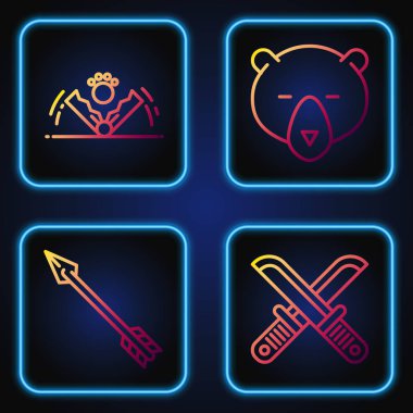 Çizgiyi aşan avcı bıçağı, Hippi oku, Tuzak avı ve Ayı kafası. Renk simgeleri. Vektör