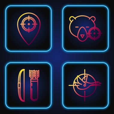 Hunt 'ı hedef tahtasıyla, yay ve okları ok kılıfıyla, av alanını ve av alanını hedef tahtası ile belirleyin. Renk simgeleri. Vektör