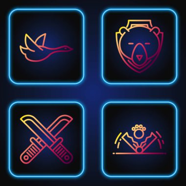 Tuzak avcılığı, çapraz avcı bıçağı, Uçan Ördek ve Ayı kafası kalkanda. Renk simgeleri. Vektör