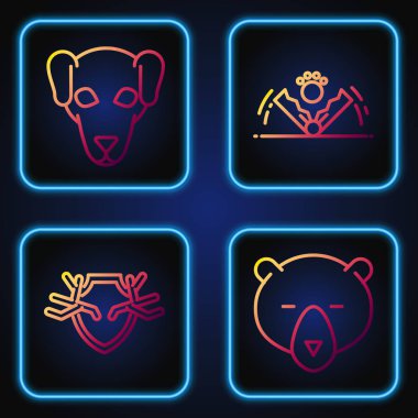 Ayı kafası, geyik boynuzları kalkan, av köpeği ve tuzak avı. Renk simgeleri. Vektör