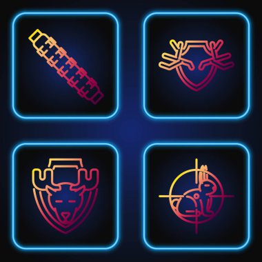 Hunt 'ı hedefli tavşana, Moose' u kalkanlara, fişekli kartuş kemerine ve kalkanda geyik boynuzlarına ayarla. Renk simgeleri. Vektör