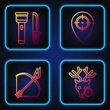 Hunt 'ı hedef alın. Yay ve ateş oku, el feneri, bıçak ve av alanı. Renk simgeleri. Vektör