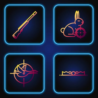 Tuzak avına çık, ördek avına çık, av tüfeği avla ve hedef tahtası olan bir tavşan avla. Renk simgeleri. Vektör