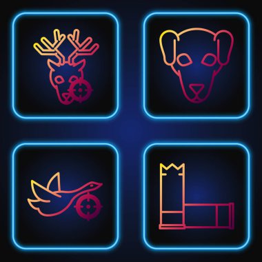 Kartuş hattını ayarlayın, hedef tahtasında avlanın, hedef tahtasında geyik avlayın ve av köpeği avlayın. Renk simgeleri. Vektör