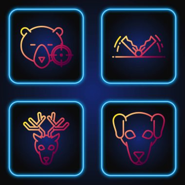 Av köpeği, boynuzlu geyik kafası, hedef tahtası ve tuzak avcılığı. Renk simgeleri. Vektör