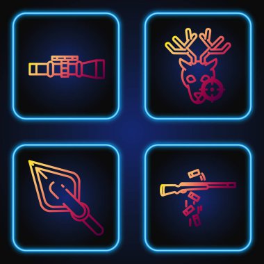 Hat atışı, Hippi ok ucu, keskin nişancı optik görüş açısı ve hedef tahtası ile geyik avı. Renk simgeleri. Vektör