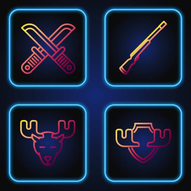 Geyik boynuzlarını kalkanlara, boynuzlu geyik başını çapraz avcı bıçağı ve av tüfeğine ayarla. Renk simgeleri. Vektör