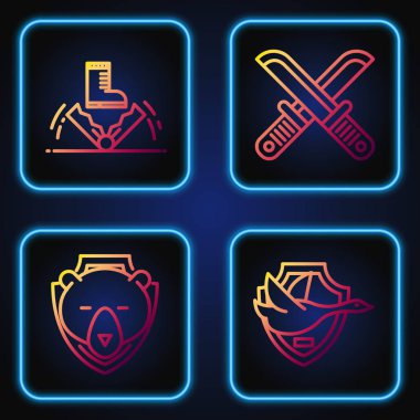 Sırayı Uçan Ördek kalkanda, Ayı başı kalkanda, Tuzak avı ve Çapraz avcı bıçağı. Renk simgeleri. Vektör