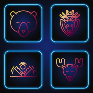 Boynuzlu geyik kafası, tuzak avı, ayı kafası ve boynuzlu geyik kafası. Renk simgeleri. Vektör