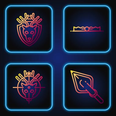 Hipster ok ucunu ayarla, geyikleri hedef al, geyikleri hedef al, boynuzları kalkanda ve tuzak avında olsun. Renk simgeleri. Vektör