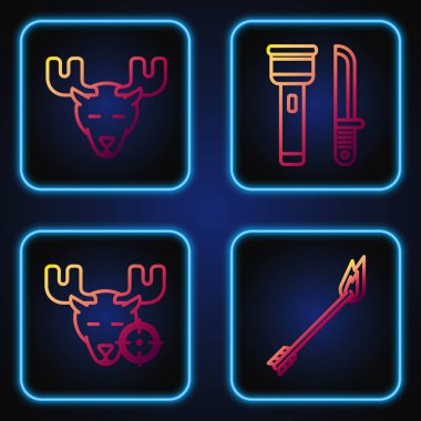 Ateş oku, geyik avı, boynuzlu geyik kafası, fener ve bıçak. Renk simgeleri. Vektör