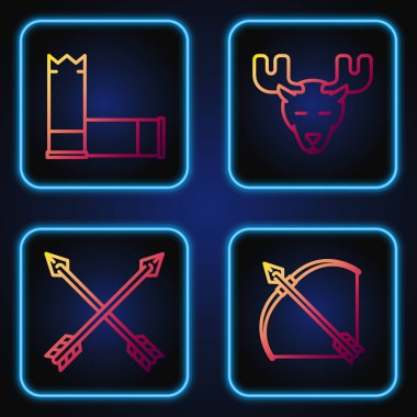 Oku ve yayı ok kılıfına, çapraz okları, fişekleri ve boynuzlu geyik başını yerleştir. Renk simgeleri. Vektör