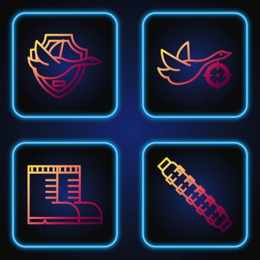 Kartuş kartuş kemeri, avcı botları, kalkanda uçan ördek ve hedef tahtasında av tüfeği yerleştirin. Renk simgeleri. Vektör